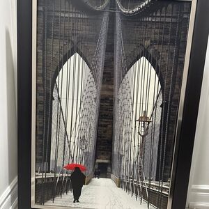 Framed Brooklyn Bridge Art with Red Umbrella